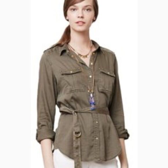 Anthropologie Tops - Maeve safari belted jacket shirt olive green sz 2